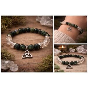 Green Moss Agate Quartz Bracelet Triquetra Charm Witchy Boho Apothecary‎